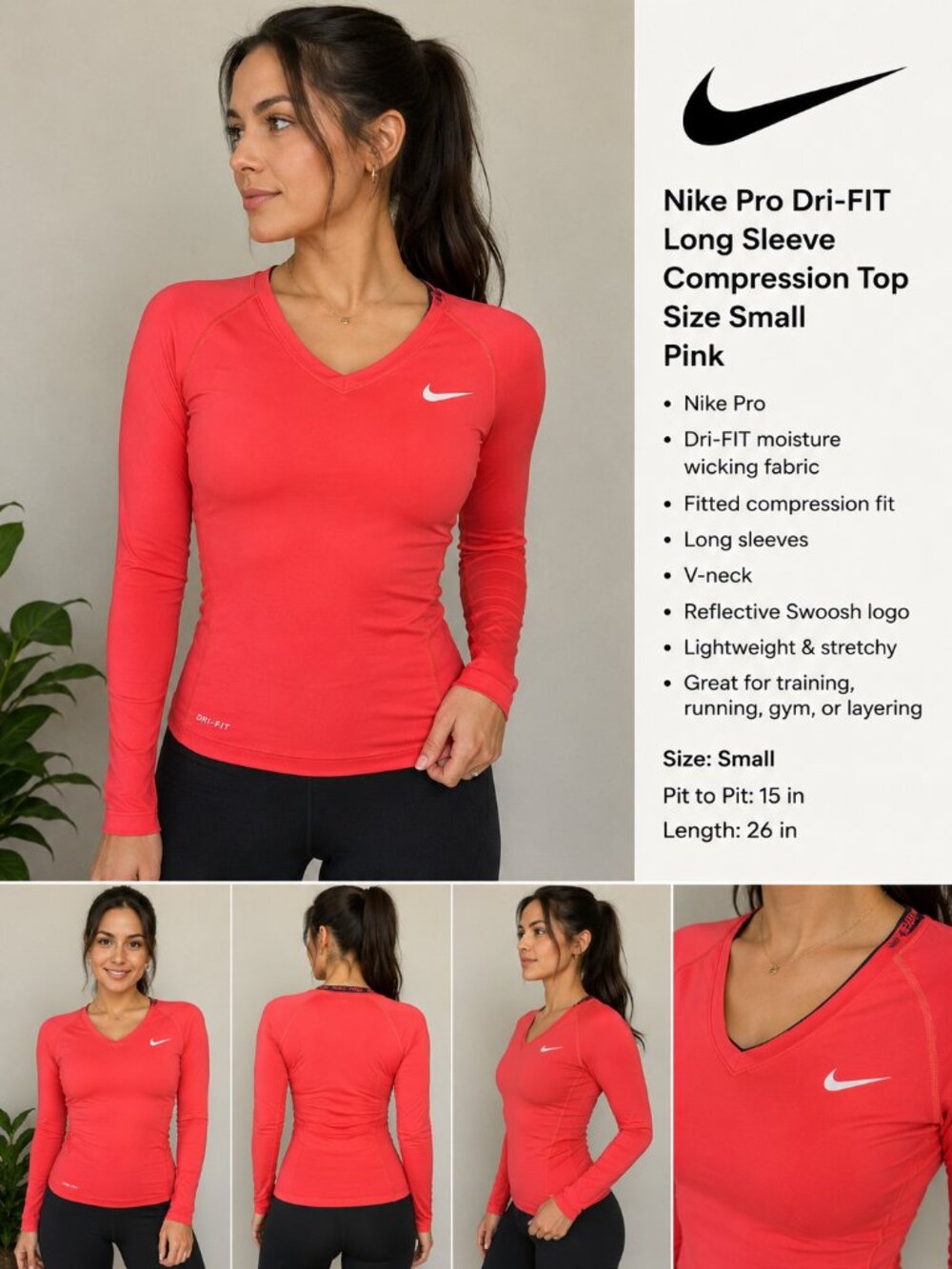 Nike Pro Dri-FIT Women's Long Sleeve Compression Shirt Pink Size Small Athletic